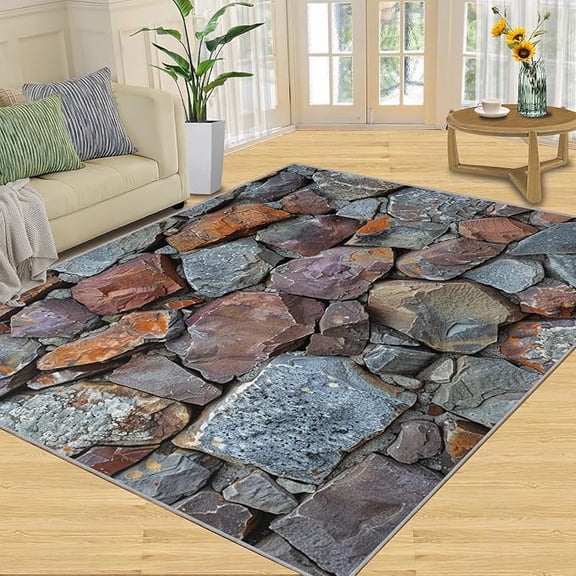 Realistic Rock Area Rug, Stone Wall Rug, Rustic Stone Rugs for Living Room, Indoor Non-Slip Rugs, Machine Washable Carpet for Front Entrance Floor Decor 5 x 8ft