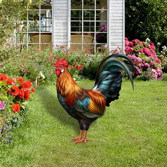 Realistic Rooster Garden Statue with Ground Stake for Outdoor Lawn Decoration
