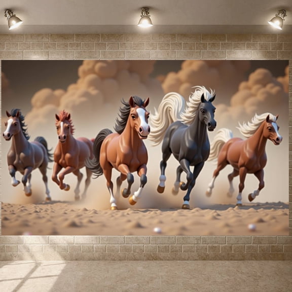 Realistic Running Horse Banner Dynamic Design Galloping Horse Backdrop Earthy Color Palette Wild Animal Motif Display for Western Themed Party Equestrian Event Bedroom Wall Decor