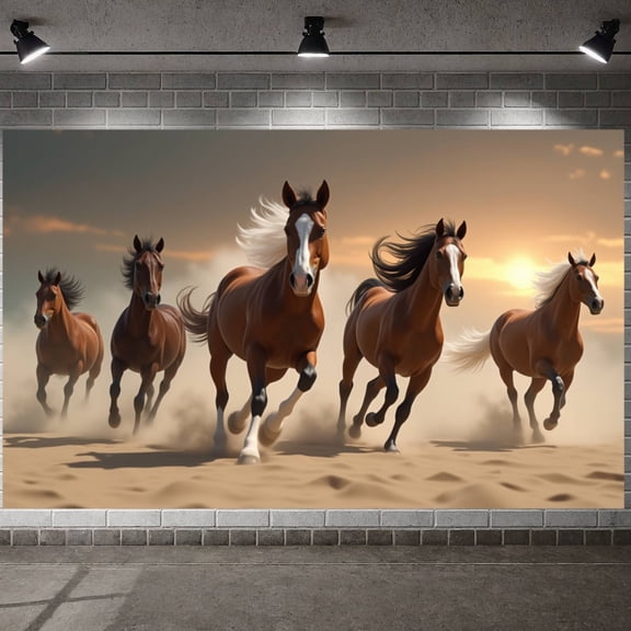 Realistic  Running Horse Banner Dynamic Design Galloping Horse Backdrop Earthy Color Palette Wild Animal Motif Display for Western Themed Party Equestrian Event Bedroom Wall Decor