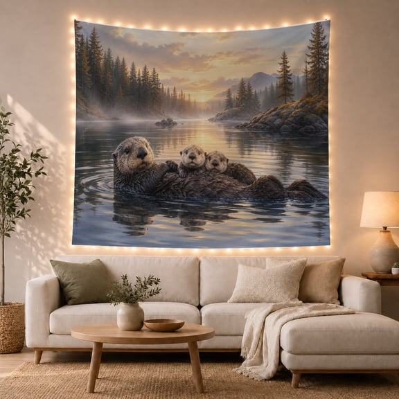Realistic Sea Otter Family with Mountain River in Misty Pine Forest, Peaceful Illustration for Wildlife Lovers, Nature Art Decor, Christmas Gift Tapestry Wall Hanging for Living Room and Bedroom