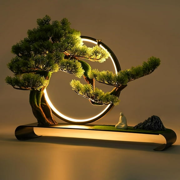 Realistic Simulation Bonsai, Artificial Bonsai for Home, Artificial Tree with LED Lamp Ringfor Interior Space(20.8 * 4.7 inches)