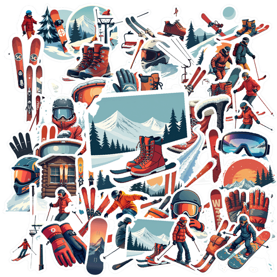 Realistic Skiing Theme Stickers, Waterproof Skiing Theme Sticker for Water Bottle Laptop Phone Cases Planner Skateboard Luggage Helmet Party Favor Decor, Ideal for Adults Teens Teacher Rewards
