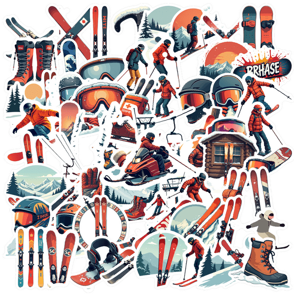 Realistic Skiing Theme Stickers, Waterproof Skiing Theme Sticker for Water Bottle Laptop Phone Cases Planner Skateboard Luggage Helmet Party Favor Decor, Ideal for Adults Teens Teacher Rewards