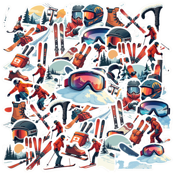 Realistic Skiing Theme Stickers, Waterproof Skiing Theme Sticker for Water Bottle Laptop Phone Cases Planner Skateboard Luggage Helmet Party Favor Decor, Ideal for Adults Teens Teacher Rewards