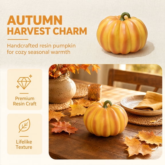 Realistic Striped Resin Pumpkin Figurine Ornament for Fall Thanksgiving, Pumpkin Statue Tabletop Centerpiece, Resin Home Decor for Shelf Mantel Cabinet Entryway Indoor Display and Housewarming Gift