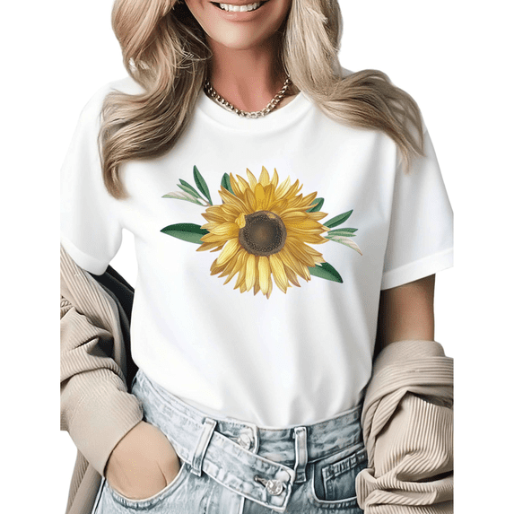 Realistic Sunflower With Greenery Graphic Tees Womans T-shirt Black/White S-5XL Shirts Floral Nature Tops