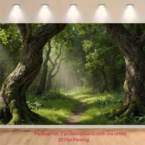 Realistic Sunlit Forest Photography Backdrop Lush Green Trees with Sunlight Suitable for Photo Studio Background, Nature-Themed Events, Videography, Parties, Christmas, Easter