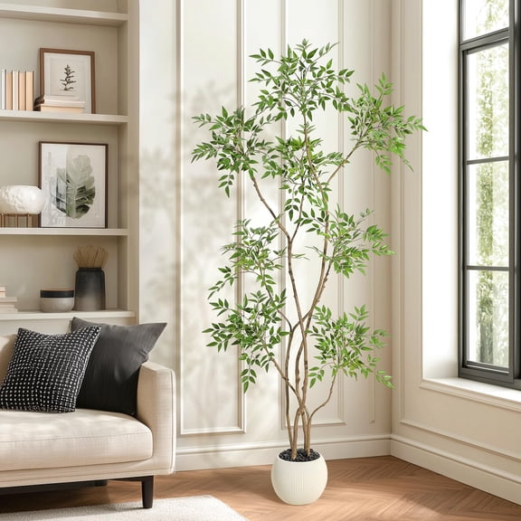 Realistic Tall Nandina Artificial Tree in White Planter – Lush Greenery, Moss & Pebbles – Decorative Faux Floor Plant for Home, Living Room, Office – Large Indoor Houseplant, 180cm
