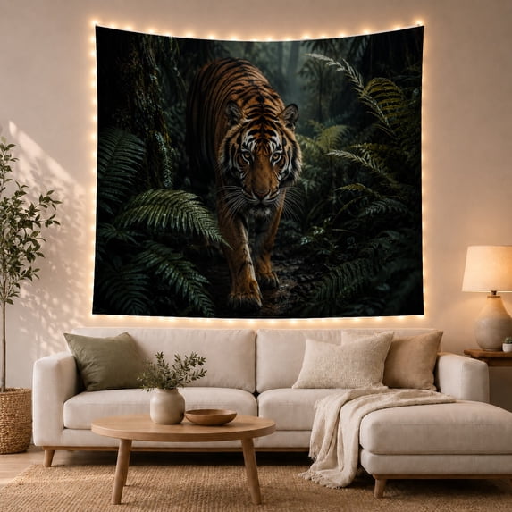 Realistic Tiger Walking in Dense Dark Jungle, Majestic Digital Art for Wildlife Lovers, Nature Inspired Wall Decor, Housewarming Gift, Tapestry Wall Hanging for Living Room and Bedroom