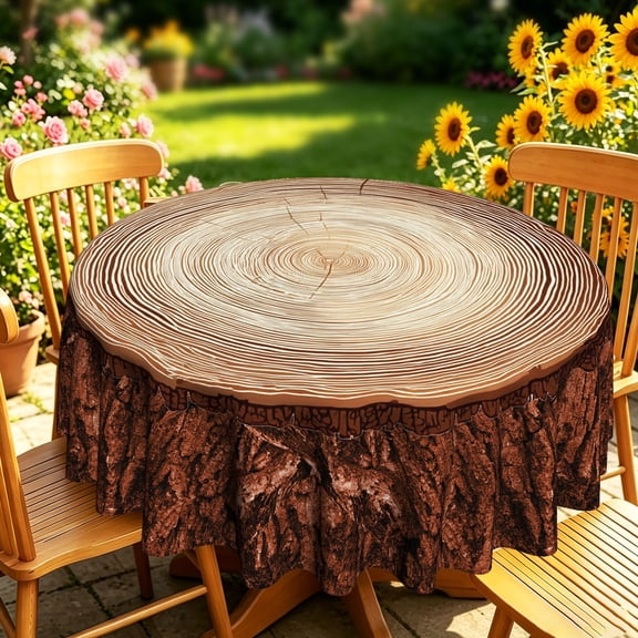 Realistic Tree Stump Annual Ring Wood Bark Pattern 2D Print Round Tablecloth, Rustic Farmhouse Cover for Kitchen Dining, Backyard Patio, Woodland Nature Decor