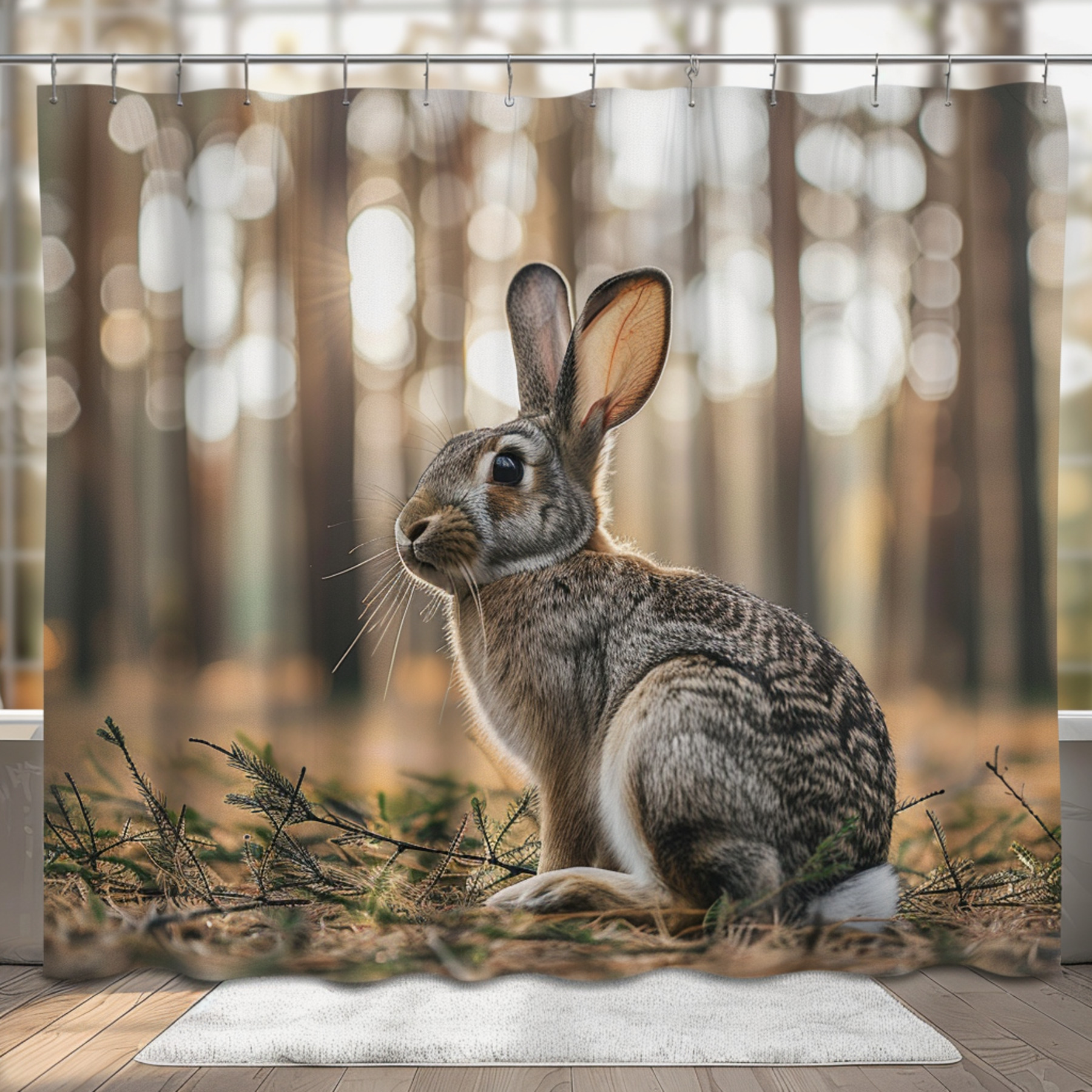 Realistic White and Gray Rabbit Forest Shower Curtain Print