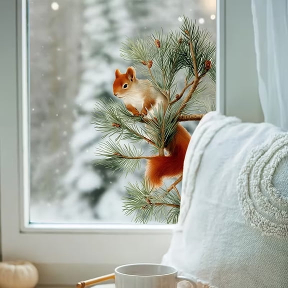 Realistic Winter Squirrel Window Sticker - Removable Self-Adhesive Decoration for Glass Doors, Windows, and Walls