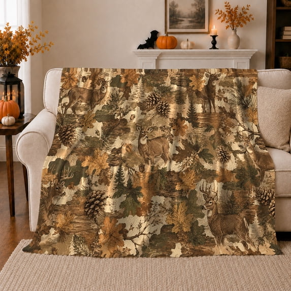 Realistic Woodland Deer Collage Serene Autumnal Forest Scene, Peaceful Woodland Scene, Warm Flannel Blanket for Cabin and Lodge, Wildlife Lovers Thanksgiving Gift, Rustic Home Decor
