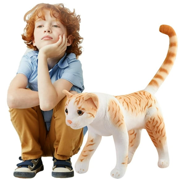 Realistic Yellow Tabby Cat Plush Gray Kitten Toy Lifelike American Shorthair Cat Brown Kitty Stuffed Animals Dolls Gifts for Kids Xmas/13.7''