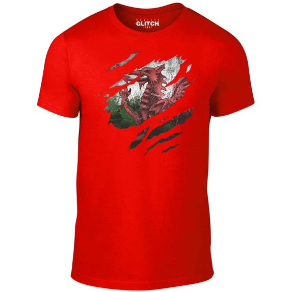 Reality Glitch Torn Wales Flag T-Shirt Welsh Supporter Rugby Football Graphic Tee