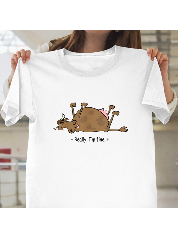 Really Im Fine Funny Lazy Cow Meme Humor Quote Unisex T-Shirt, up to size 3XL.