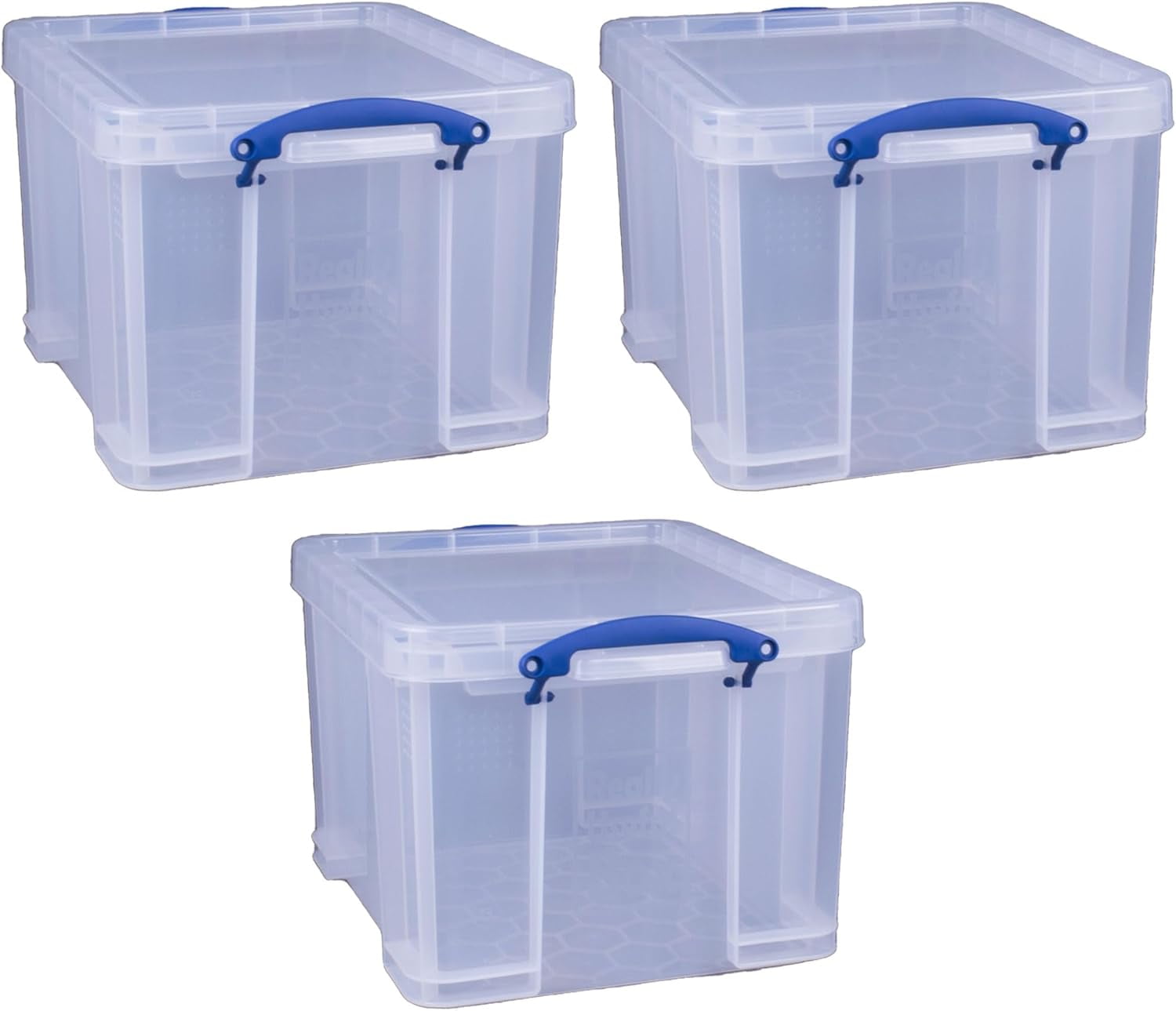 Clear 32L Plastic Stackable Storage Boxes with Blue Handles, Set of 3