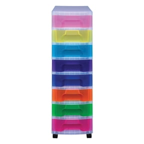 Really Useful Box Plastic 8-Drawer Storage Tower, 7 Liters, 36 1/2" x 15 3/4" x 12", Clear/Rainbow