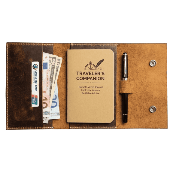 Realmark Leather Travel Journal Organizer with Pen Holder, Genuine Buff Leather Wallet with Card Slots & Cash Pocket A6 Notebook Cover, Rustic Handmade Travel Notebook Cover for Men & Women