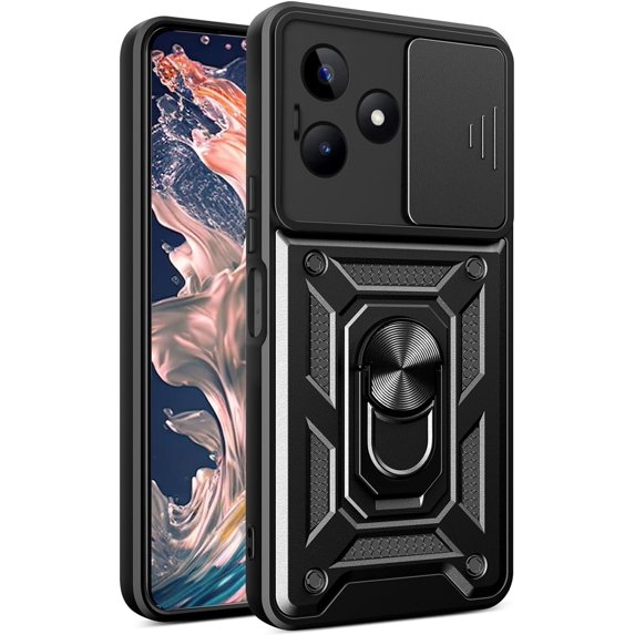 for Realme C53 Case with Slide Camera Cover for Men, Military Grade Drop Protective Phone Cover Case with Ring Kickstand for Realme C53/Realme Narzo N53 SJ Black
