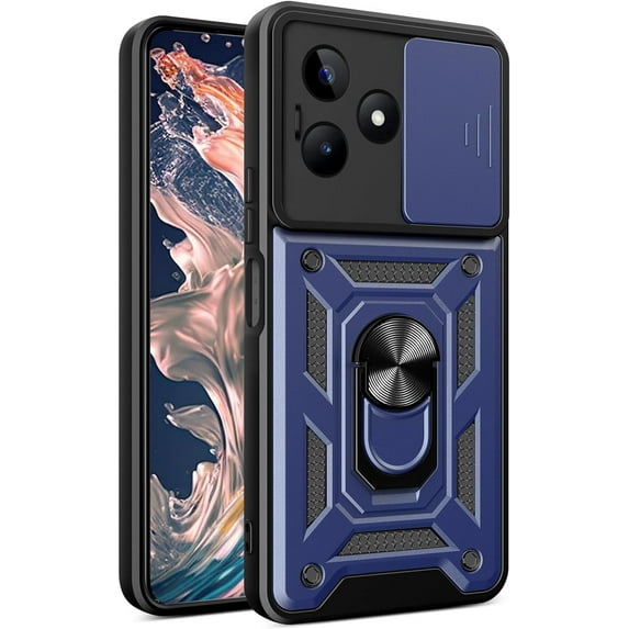 for Realme C53 Case with Slide Camera Cover for Men, Military Grade Drop Protective Phone Cover Case with Ring Kickstand for Realme C53/Realme Narzo N53 SJ Blue
