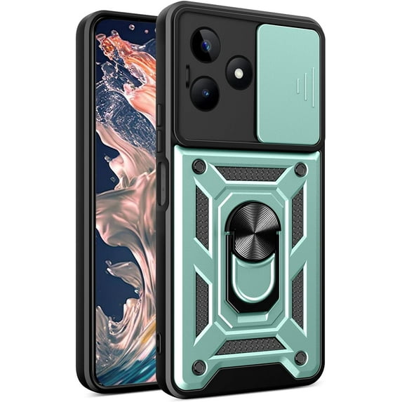 for Realme C53 Case with Slide Camera Cover for Men, Military Grade Drop Protective Phone Cover Case with Ring Kickstand for Realme C53/Realme Narzo N53 SJ Green