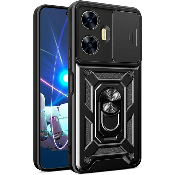 for Realme C55 4G Case with Slide Camera Cover for Men, Military Grade Drop Protective Phone Cover Case with Ring Kickstand for Realme C55 4G SJ Black