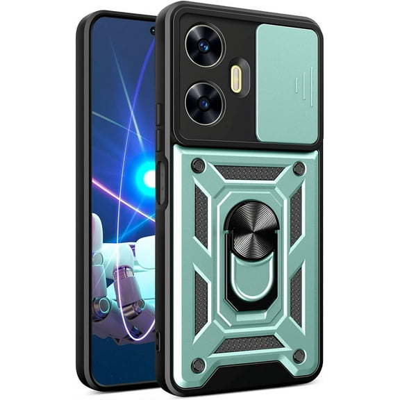 for Realme C55 4G Case with Slide Camera Cover for Men, Military Grade Drop Protective Phone Cover Case with Ring Kickstand for Realme C55 4G SJ Green