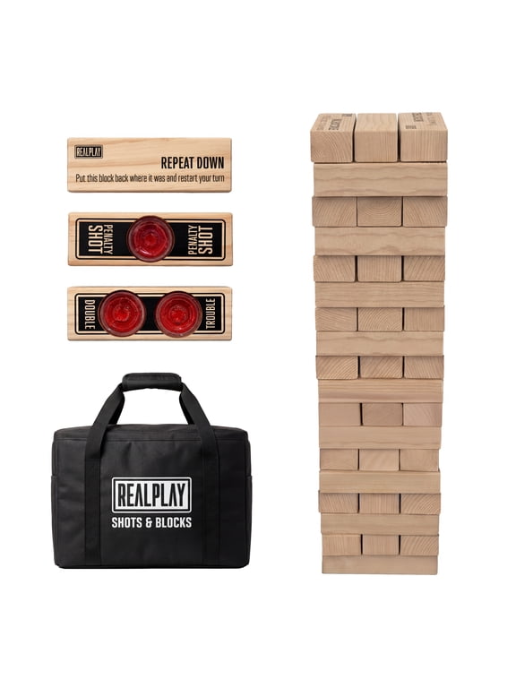 Shots and Blocks Tower Stacking Game, 27-Inch Party Game with Carry Bag