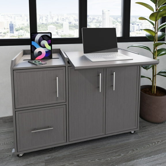 Realspace 40"W Multifunction Mobile File Cabinet Printer Stand with Integrated Power & Charging, Gray Oak, BIFMA Compliant