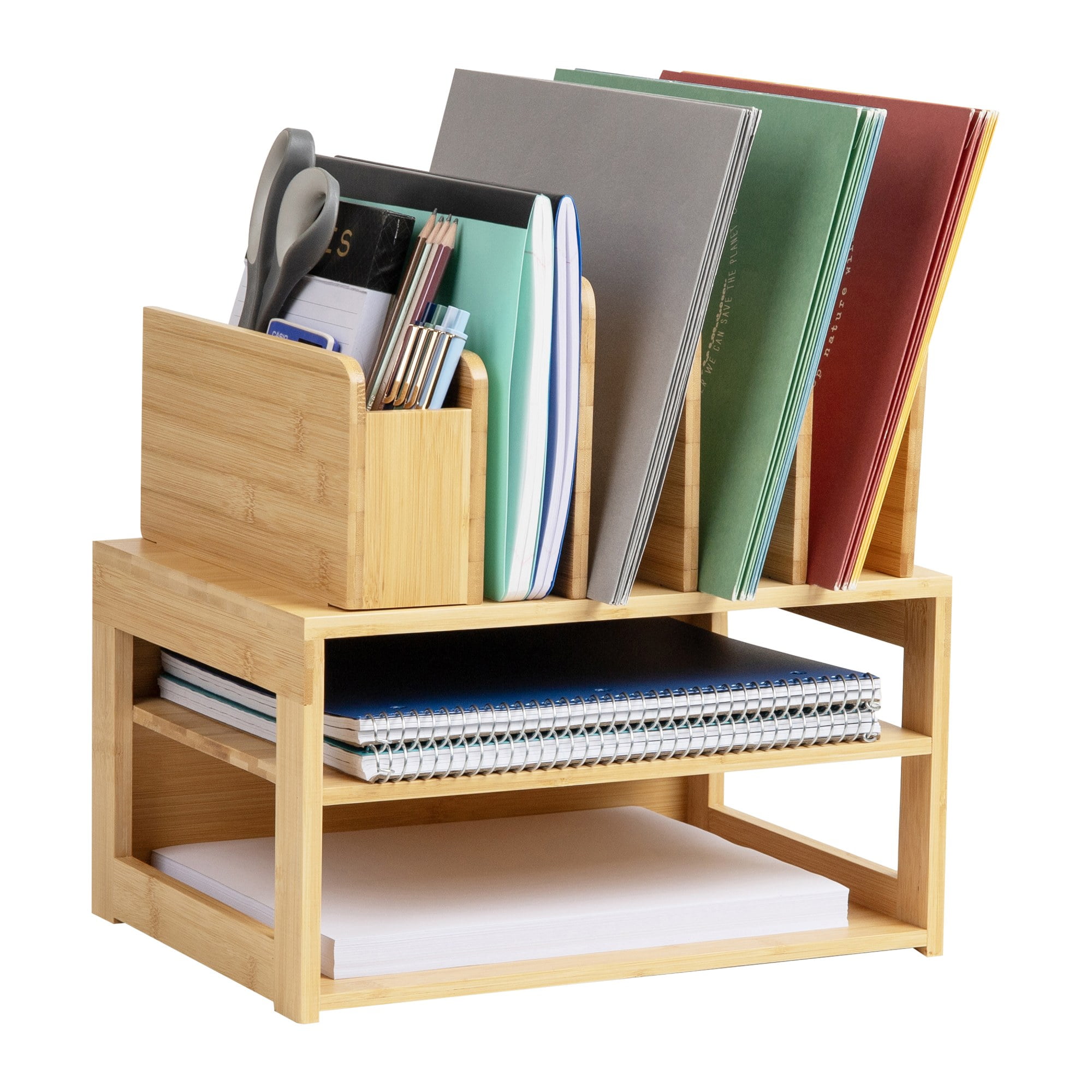 Natural Bamboo Multifunctional Desktop Organizer with Adjustable Compartments