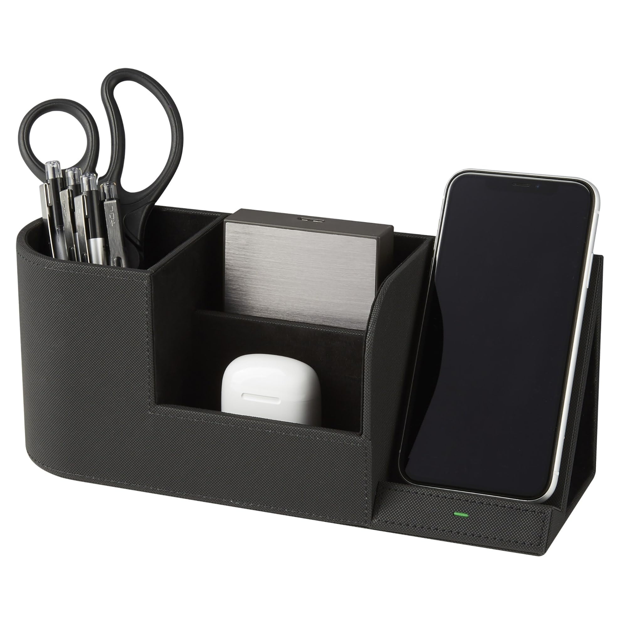 Black Plastic Desk Organizer with Wireless Charger and Antimicrobial Protection
