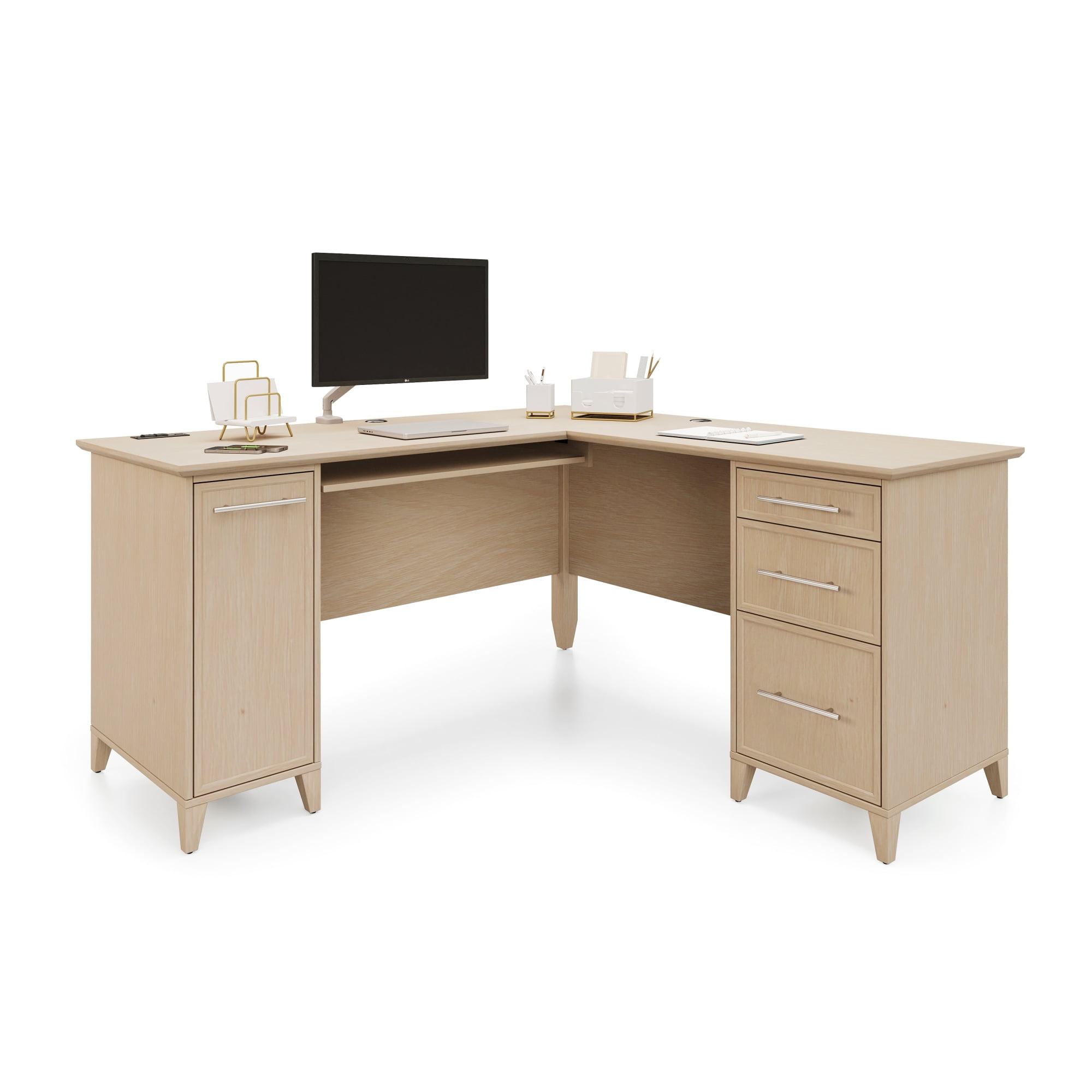 Natural Oak L-Shaped Corner Computer Desk with Keyboard Tray