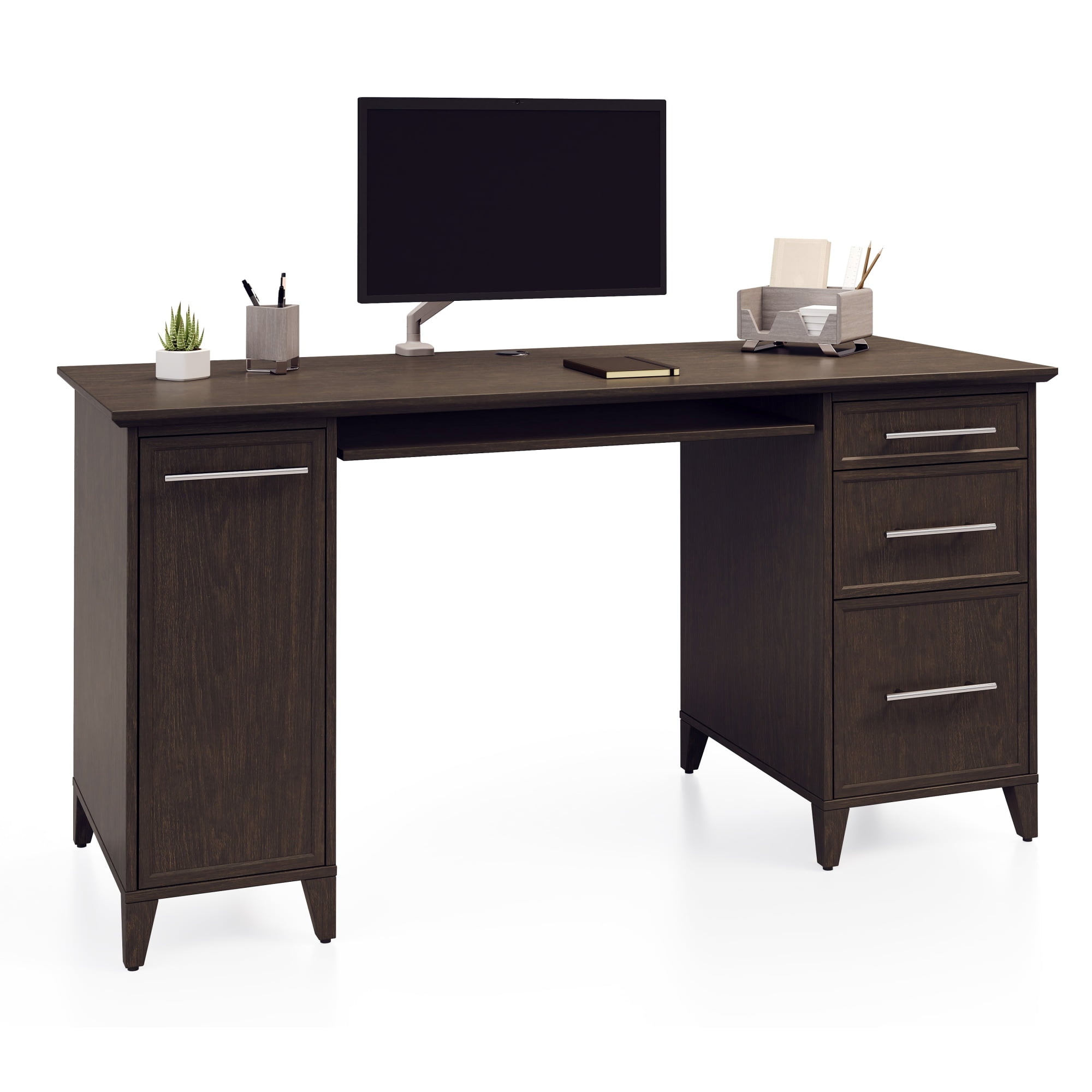 Espresso Oak Wood Desk with Drawers and Power Outlet