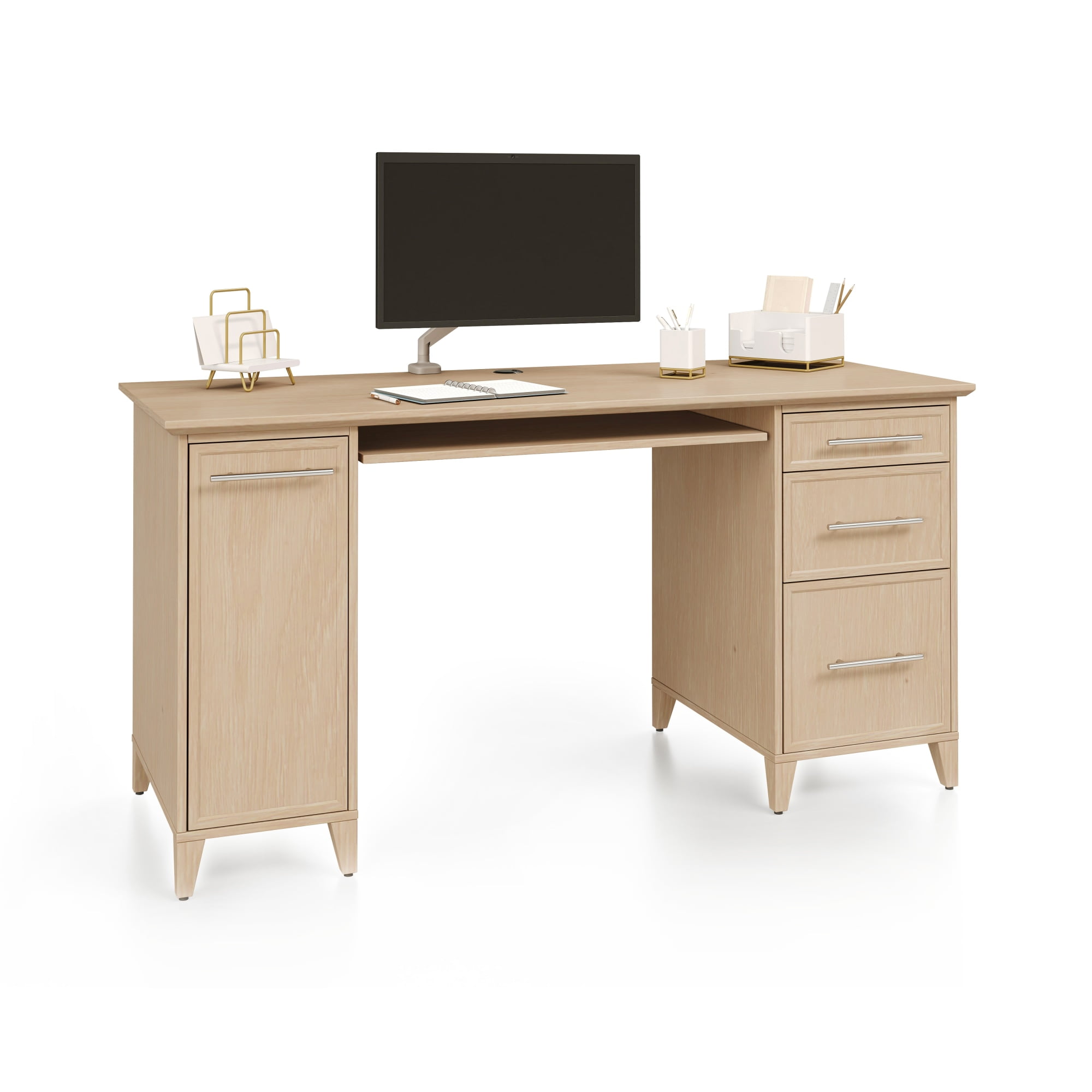 Natural Oak 60" Computer Desk with Drawers and Keyboard Tray