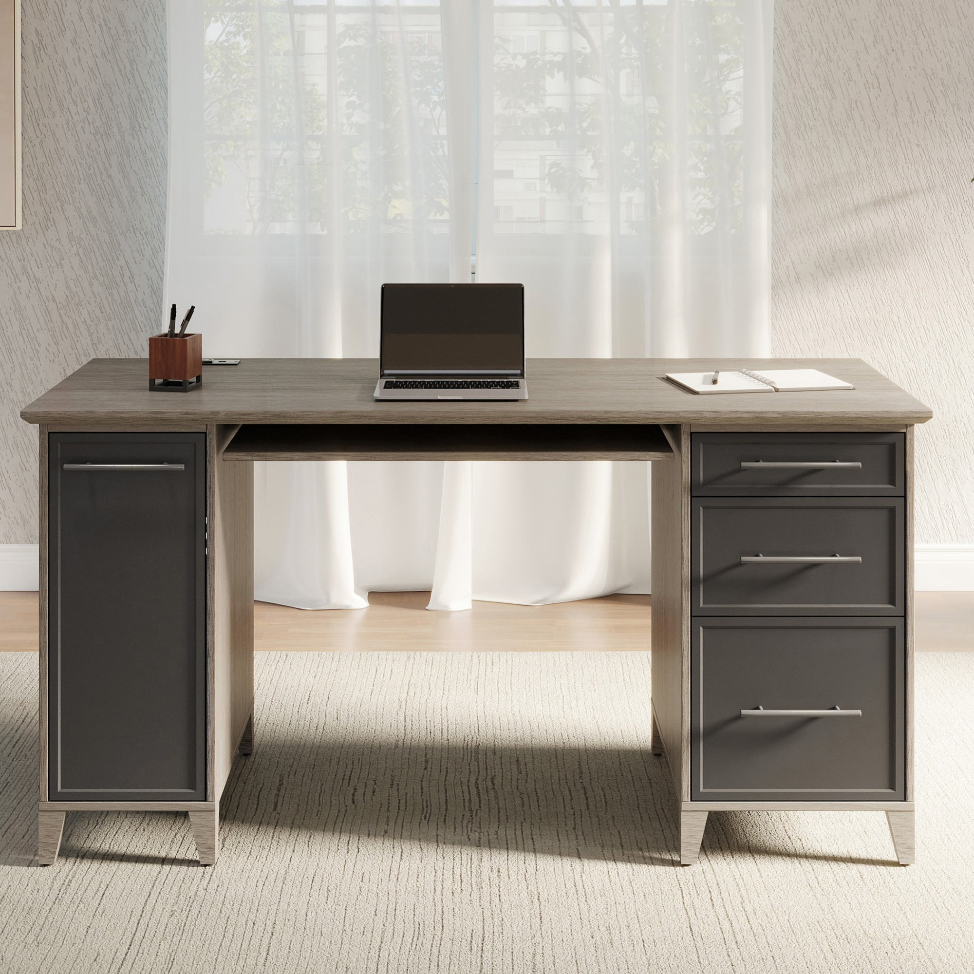 Koru 60" Two-Tone Slate and Gray Oak Computer Desk with Drawers