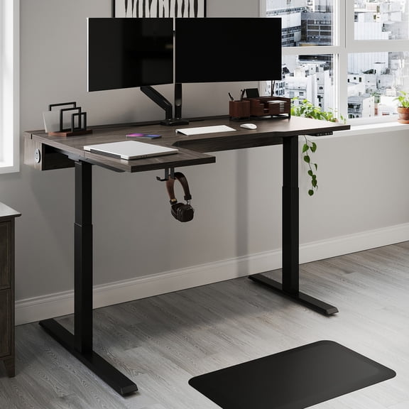 Realspace Koru Electric 59"W L-Shaped Height-Adjustable Standing Desk with Integrated Power & Charging, Espresso Oak