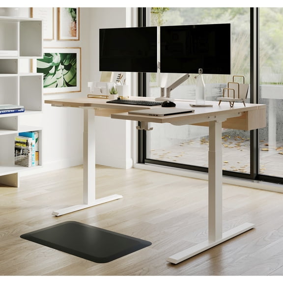 Realspace Koru Electric 59"W L-Shaped Height-Adjustable Standing Desk with Integrated Power & Charging, Natural Oak