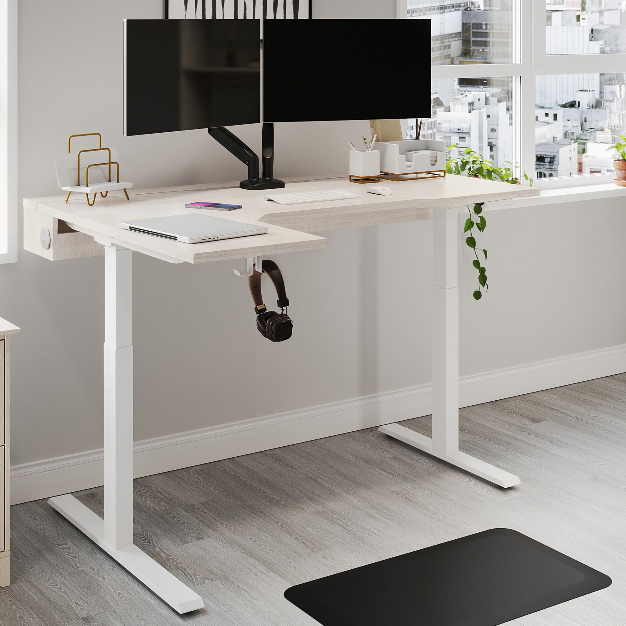 Natural Oak L-Shaped Height-Adjustable Standing Desk with USB Ports