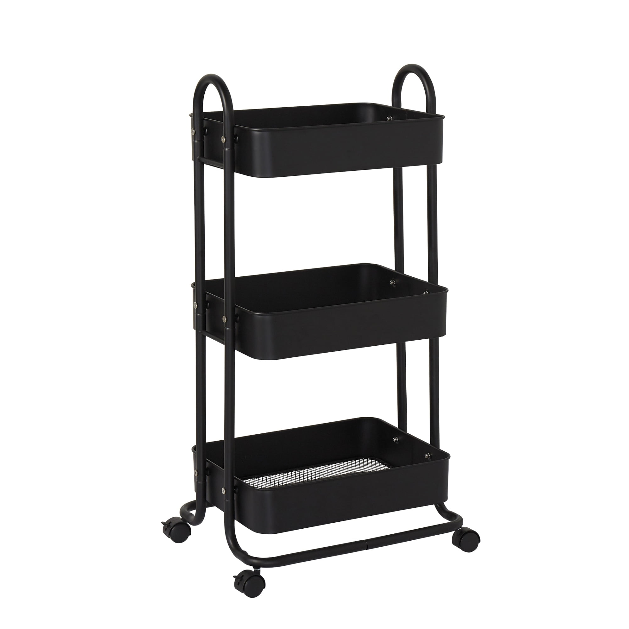 Black Metal 3-Tier Rolling Utility Storage Cart with Wheels