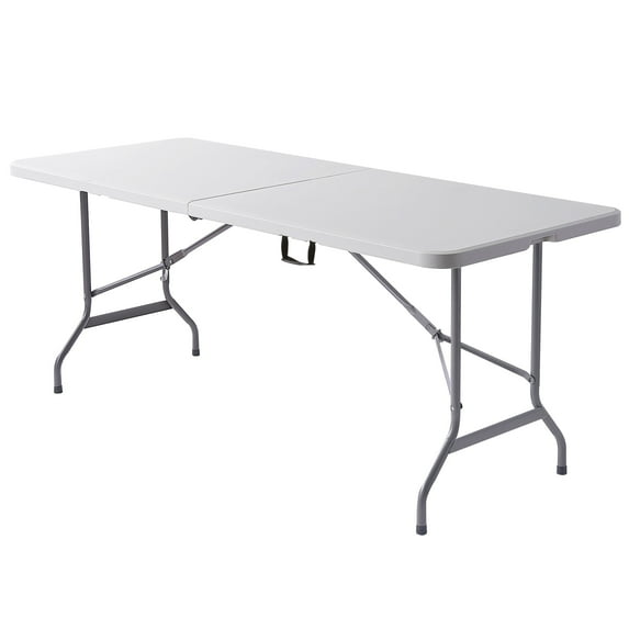 Realspace® Molded Plastic Top Folding Table, 6' Wide Fold in Half, 29"H x 72"W x 30"D, Platinum