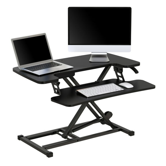 Realspace P10 Pneumatic Standing Desk Riser Converter With Keyboard Tray, 20"H x 31-1/2"W x 25"D, Black