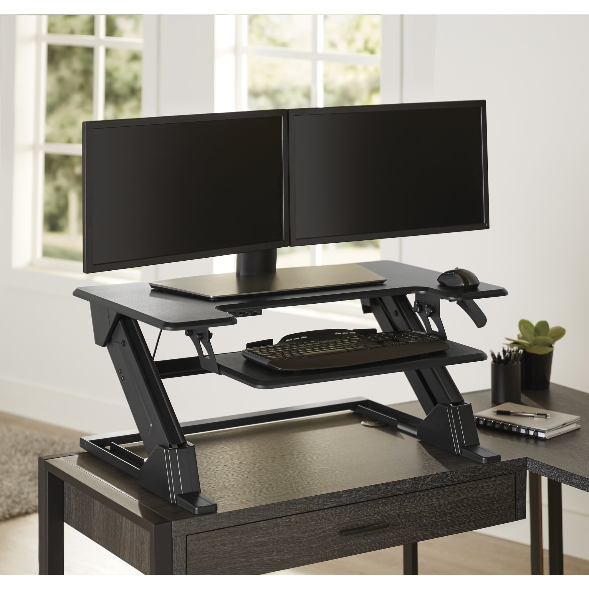 ErgoFlex Dark Finish Pneumatic Standing Desk Converter with USB Ports