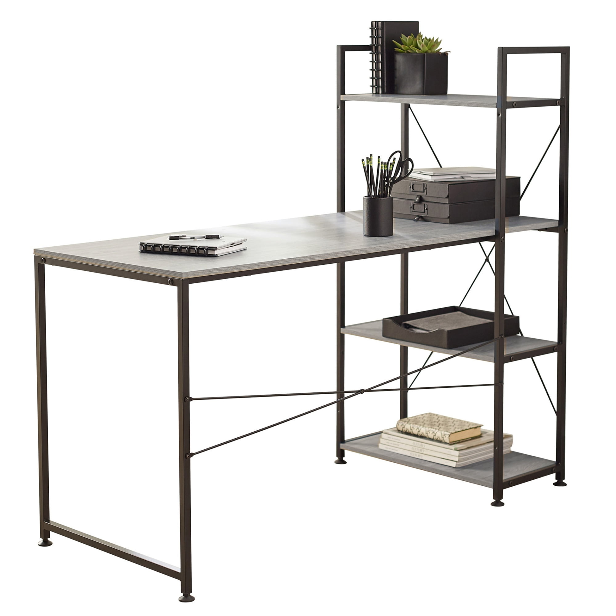 Gray Wood and Metal Desk with Storage Shelves