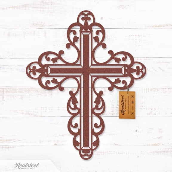 Realsteel's Floral Cross Wall Art – Elegant Metal Christian Décor for Home & Outdoor Spaces (RUST-14)