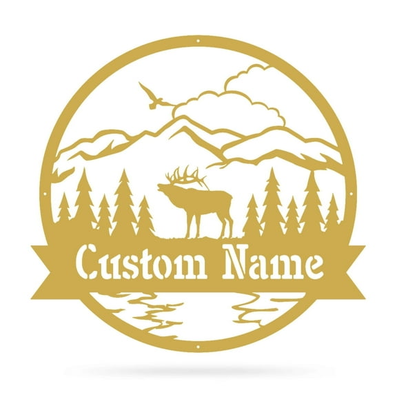 Realsteel's Personalized Great Outdoors Elk Metal Monogram - Custom Name Wall Decor (Gold-36)