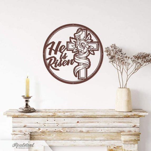 Realsteel's He Is Risen Cross Metal Art – Christian Wall Decor, Religious Easter Sign, Faith-Based Home Decor, Inspirational Bible Verse Metal Sign, Indoor & Outdoor Use (B-18)
