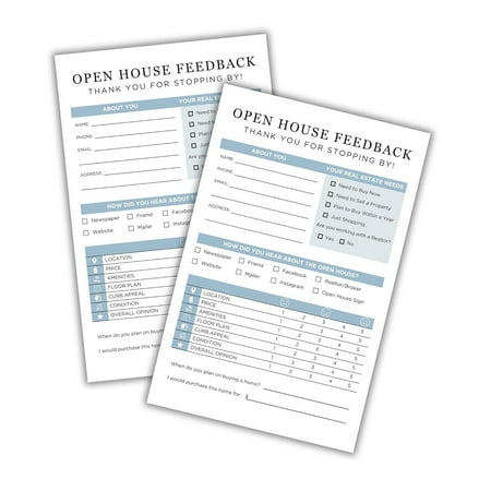 Realtor Open House Feedback Form 75 pk 5.5 x 8.5 Flier Client Sign in Sheet Real Estate Agent Home Anniversary Marketing Door Cards