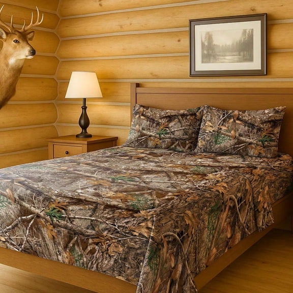 Realtree 4Piece Queen Size Sheet Set 1 Fitted Sheet 1 Flat Sheet 2 Pillowcases Camo Bedding Cabin Sheets Edge Camo